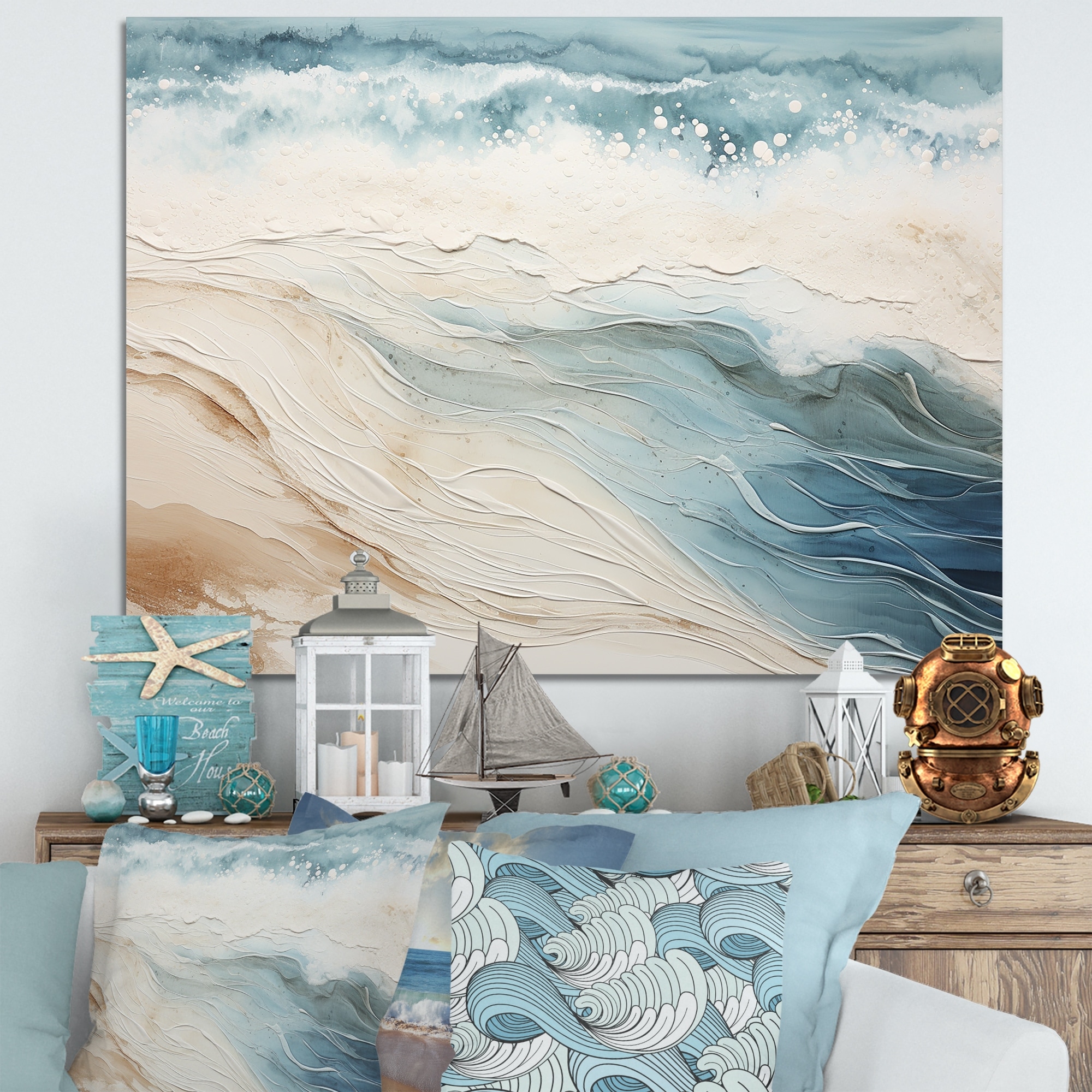 Designart "Modern Coastal Beige And Blue River I" Coastal Ocean Wall ...